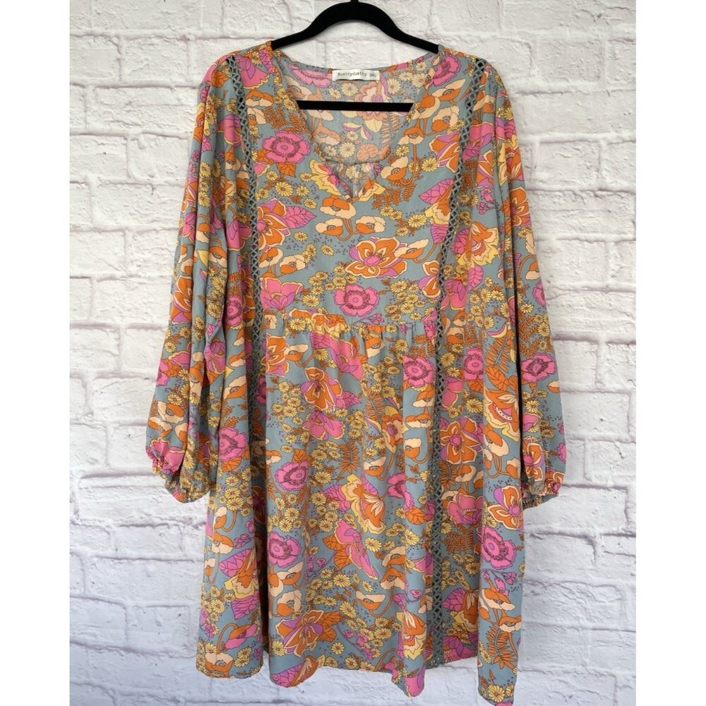 Rusttydustty Modern Bohemia Crush Floral Mini Dress Long Sleeve Viscose 3XL